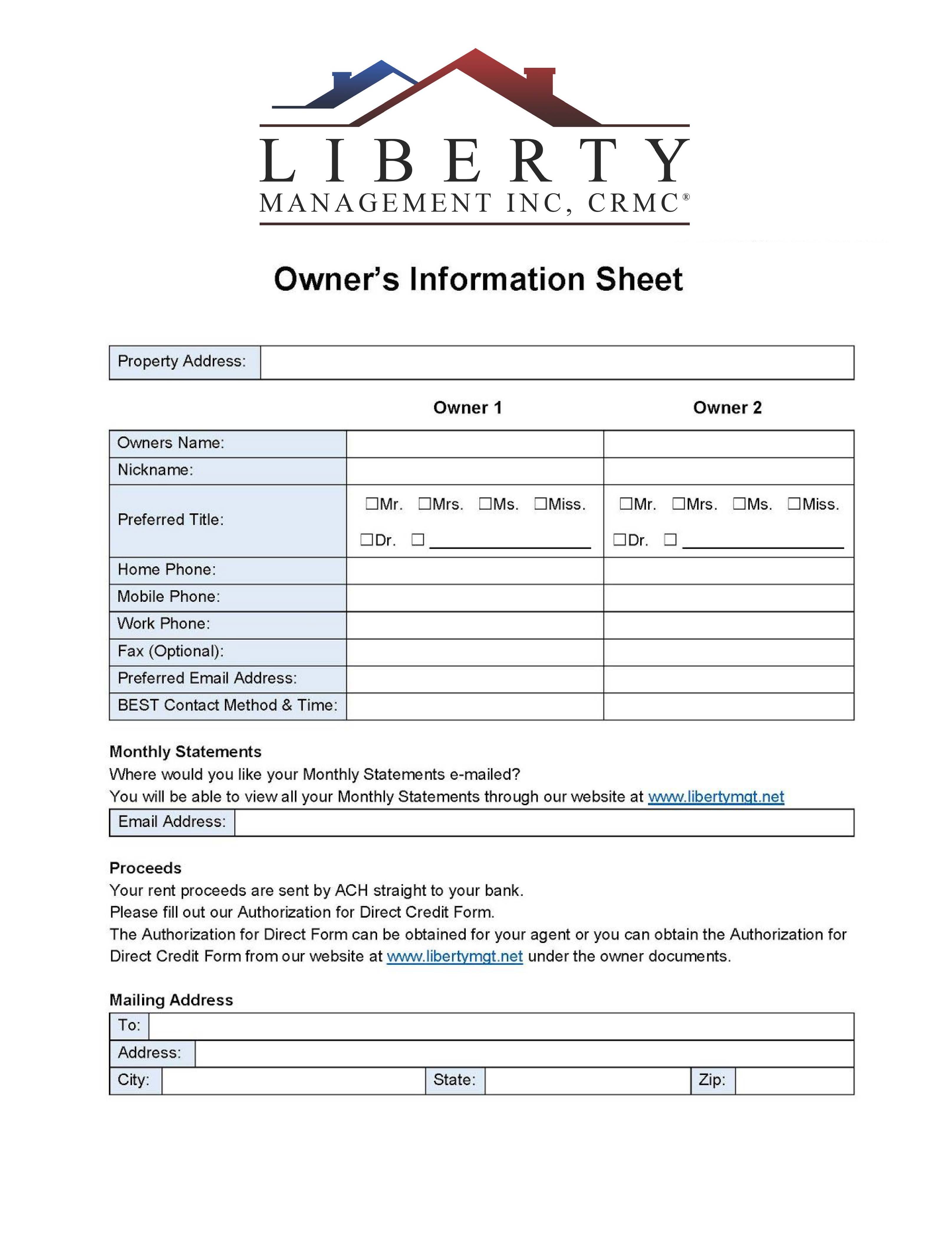 Owner Information Sheet